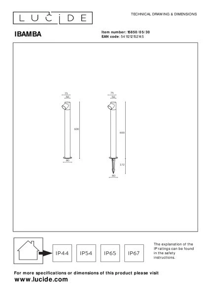 Lucide IBAMBA - Lámpara baliza - LED - 1x6W 3000K - IP65 - Negro - técnico